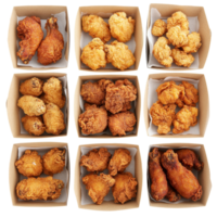 A delectable collection of crispy fried chicken pieces arranged in square brown cardboard boxes ready for sharing, fried chicken in square brown card box paper isolated on transparent background png