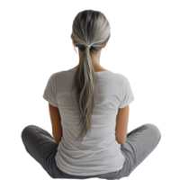 Woman with ponytail sitting crosslegged on a transparent backdrop during a calm moment of reflection, Back View of Woman Sitting with Ponytail on transparent background png