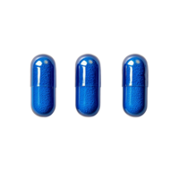 Blue capsules arranged in a row on a clean transparent surface showcasing their smooth texture, blue three pill and capsule on transparent background png