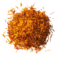 Natural saffron spice heap isolated on a transparent background showcasing vibrant color and delicate threads, Isolated heap of saffron spice png