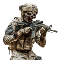 A military soldier transformed into a zombie, posing in tactical gear with a weapon against a transparent background, military soldier zombie isolated on transparent background png