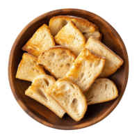 Crispy bread slices arranged neatly in a wooden plate against a clean transparent background, offering a fresh and inviting look for any mealtime, Crispy Bread in wood plate on transparent background png