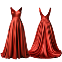 Elegant red satin gown mockup showcasing front and back views in a luxurious design setting, Elegant Red Satin Gown Mockup from Front and Back Views on transparent background png