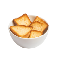 Crispy bread pieces in a transparent bowl placed on a plain transparent background showcasing their texture and color, crispy bread in transparent bowl on transparent background png