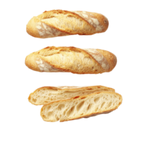 Sliced baguette viewed from above with contrasting textures against a transparent background, Different angle of sliced baguette isolated png