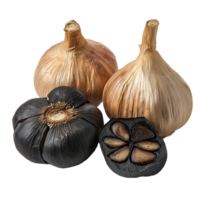 Exploring the distinctive characteristics of black garlic bulbs against a pristine transparent backdrop, Black garlic bulbs on transparent background png