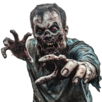 Frightening zombie with terrifying features reaching out on a stark transparent background, Scary Zombie on transparent background Frightening Horror png