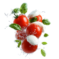 Fresh tomatoes, basil, and mozzarella splash into water creating a vibrant culinary scene in a studio setting, tomatoesbasil and mozzarella falling with water splashes isolated on transparent png
