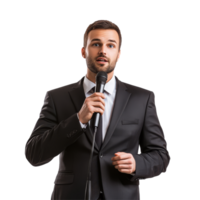 Confident businessman delivers an engaging presentation at a conference, holding a microphone to inspire, Confident Businessman at a conference Speaker with Microphone Isolated on transparent png