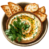 Delicious hummus garnished with fresh greens served with toasted bread on a rustic plate, portion of hummus with greens and toasts png