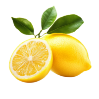 Fresh lemon with vibrant green leaves isolated on a clean transparent background for culinary and decorative use, Lemon with leaves isolated on transparent background png