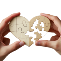 Hands fitting together two interlocking pieces of a puzzle shaped like a heart, symbolizing love and connection, Hands matching two parts of puzzle heart, isolated on transparent png