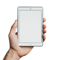 A human hand holds a blank tablet in a neutral setting, showcasing the potential for digital creativity and information, human hand holding tablet with blank transparent background display png