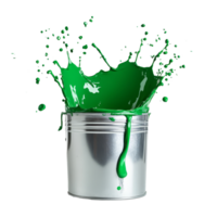 Splashes of vibrant green paint erupting from a shiny silver bucket in an artistic expression of color, green paint splashing from silver shiny paint bucket on transparent background png
