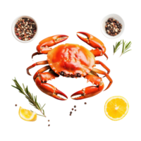 Freshly boiled crabs presented with spices and lemon on a transparent background for culinary delight, Boiled crabs prepared on transparent background png