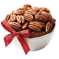 Freshly harvested pecans in a transparent bowl with a decorative ribbon on a clean transparent background, Fresh pecans in a bow lon a transparent background png