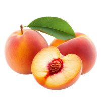 Fresh and juicy peaches with one sliced piece and vibrant green leaf on a bright transparent background, tasty peaches isolated on transparent background png