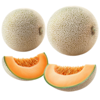 Fresh Japanese melons and cantaloupe slices displayed together, showcasing their vibrant color and texture, whole and slice of japanese melons, or cantaloupe isolated transparent background png