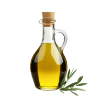 Elegant olive oil bottle with a cork stopper on a transparent background, showcasing its rich, golden hue and natural design, Olive oil bottle on a transparent background png