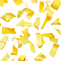 Yellow tape remnants scattered on a transparent background creating an abstract visual texture, yellow tapes on transparent backgroundfile. torn yellow sticky tape, adhesive pieces png
