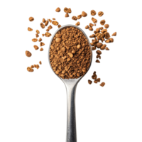 Instant coffee granules in a spoon with scattered particles on a clean transparent background, instant coffee on transparent background png