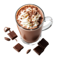 Creamy hot chocolate topped with whipped cream and chocolate shavings on a transparent background, Delicious creamy hot chocolate on transparent background png