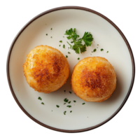 Enjoying delicious korokke balls on a transparent plate garnished with fresh parsley in a clean setting, Korokke on plate transparent background png