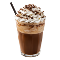 Delicious sweet frappe topped with whipped cream and chocolate shavings served in a glass, Portion of sweet frappe with whipped cream png