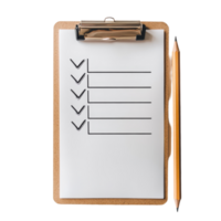 A checklist clipboard with clearly marked checkboxes and a pencil rests on a transparent background, Checklist Clipboard with Pencil on transparent background Task Organization Concept png