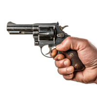 A hand firmly grips a revolver against a stark transparent background in a poised display of firearm readiness, Hand Holding Revolver on transparent background png