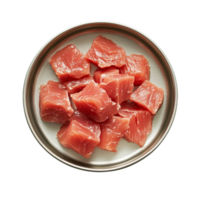 Fresh canned tuna chunks served on a silver plate against a clean transparent background for a vibrant food display, Canned tuna fish in plate on transparent background png