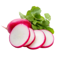 Sliced radishes with fresh greens isolated on a transparent background ready for culinary use and presentation, slice radishes isolated on transparent background png