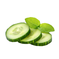 Fresh cucumber slices with green leaves isolated on a clean transparent background for culinary and healththemed presentations, cucumber slices with leaf isolated on transparent background png