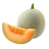 Fresh cantaloupe melon with a slice on a transparent background showcasing its vibrant orange flesh and netted rind, cantaloupe melon isolated on transparent background png
