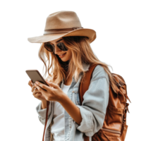A woman exploring a new destination while using her smartphone to capture travel memories, file no background Woman traveling and using a smartphone png