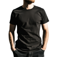 Mockup of a black tshirt worn by a man with hands in pockets against a bright background, black tshirt mockup on a man, file of isolated object with shadow on transparent background png