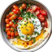 A wholesome bowl of hummus topped with a poached egg, cherry tomatoes, and fresh herbs for a nutritious meal, hummus bowl with poached egg and tomatoes png