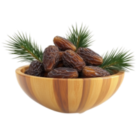 Fresh dates from a date palm in a wooden bowl on a transparent background with green palm leaves, date palm in wood bowl isolated on transparent background png