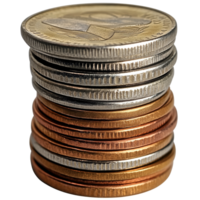 A detailed stack of various coins showcasing different denominations and materials on a neutral background, stack of coins png
