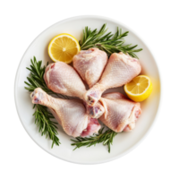 Fresh raw chicken legs with lemon and herbs arranged on a transparent plate, ready for cooking or meal preparation, Isolated fresh raw chicken legs png