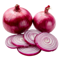 Sliced red onions arranged on a transparent background, highlighting their vibrant color and unique spiral patterns, red sliced onions isolated transparent background png