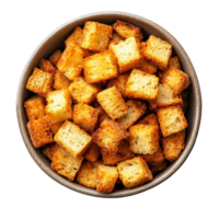 Crispy croutons in a bowl ready to enhance salads and soups with flavor and texture for a delightful culinary experience, Crispy croutons in bowl isolated Stock Photo png