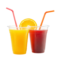 Refreshing orange and red fruit juices served in clear plastic cups with straws for a vibrant summer, Refreshing Orange and Red Fruit Juices in Plastic Cups with Straws Isolated on transparent png