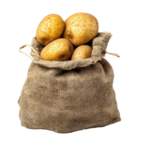 Freshly harvested potatoes in a burlap sack on a clean transparent background ready for cooking or storage, potato in the sack isolated on transparent background png