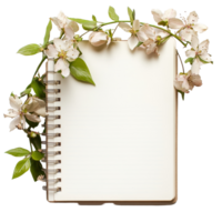 A delicate flower arrangement atop a blank notebook resting on a clean transparent surface, Flower with notebook on a transparent background png