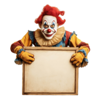 A cheerful clown with a blank board posing on a plain transparent background ready for creative message or promotion, clown with blank board isolated on transparent background png
