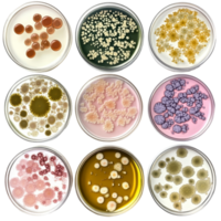 Different bacterial colonies in petri dishes showcasing diverse growth patterns and colors in a laboratory setting, Different types of bacterial colonies in petri dish over transparent background png