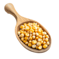 Corn seeds in a wooden spoon arranged neatly on a transparent background creating a rustic and natural feel, corn seeds in wood spoon on transparent background png