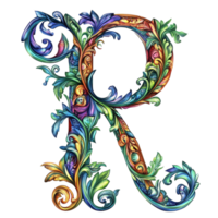 Colorful ornate letter R with intricate designs showcasing botanical and whimsical patterns on a transparent background, consonant letter r is used to make words on transparent backgroundfile png