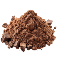 Cocoa powder pile with chocolate pieces isolated on a clean transparent background in a kitchen setting, pile cocoa powder isolated on transparent background png
